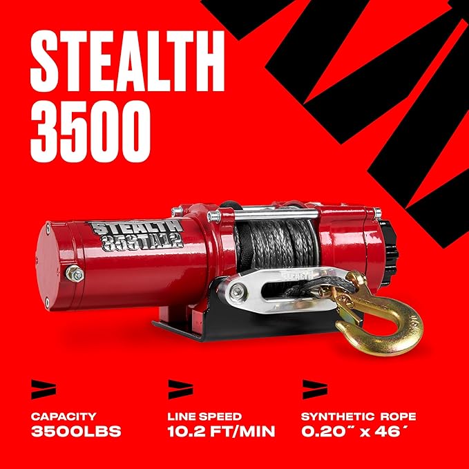 Stealth Winches 3500 lb 12V Electric Winch for ATV UTV Jeep Truck Trailer Car Towing Vehicle Recovery, Heavy Duty Off Road Winch with Remote Kit, Synthetic Rope, Hawse Fairlead & Mounting Plate