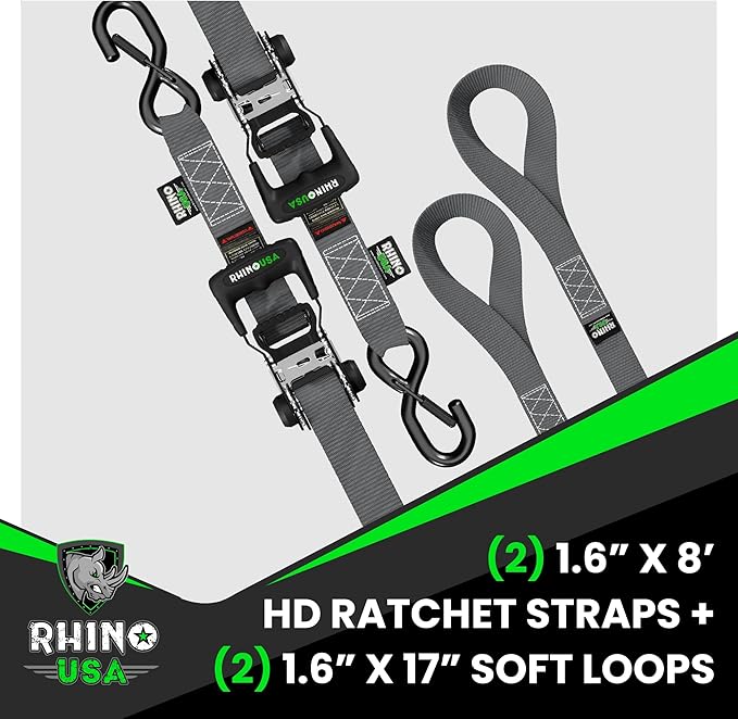 Rhino USA Ratchet Straps Heavy Duty Kit (2-Pack) - 1.6 Inch x 8 Feet Min Break Strength (5,000) - Ultimate Tie Down Straps with Safety S Hooks for Trucks, ATV, UTV, Motorcycle, Cargo & More - Blue
