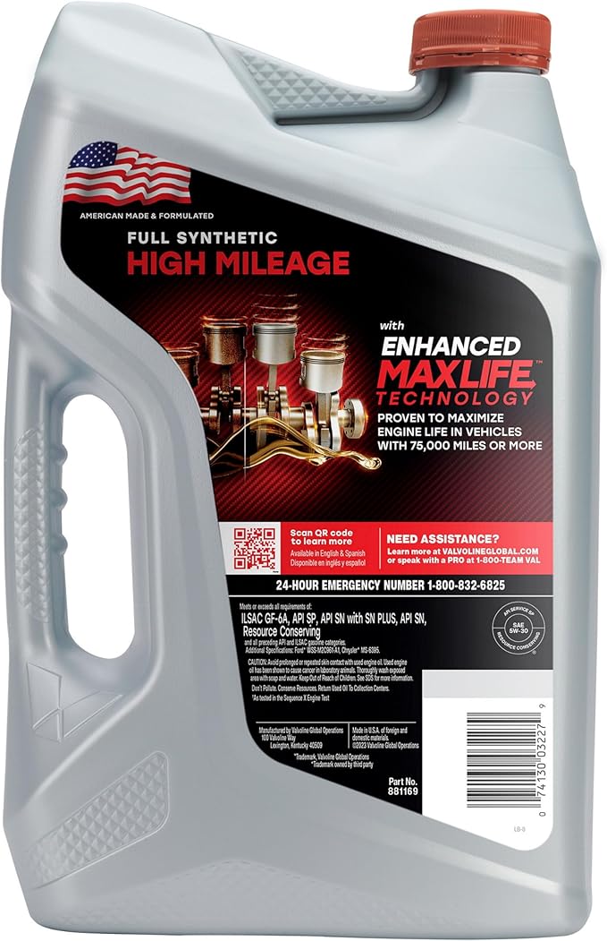 Valvoline Full Synthetic High Mileage with MaxLife Technology SAE 5W-30 Motor Oil 5 QT, Case of 3