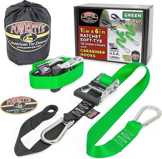 PowerTye 1.5 inch x 6.5ft Heavy Duty Ratchet Tie Down Straps with Carabiner Hooks, Soft-Tye & Storage Bag, for Motorcycle, ATV, Trailer & Cargo - 1,000 lb WLL - Made in USA - Green/Black Pair