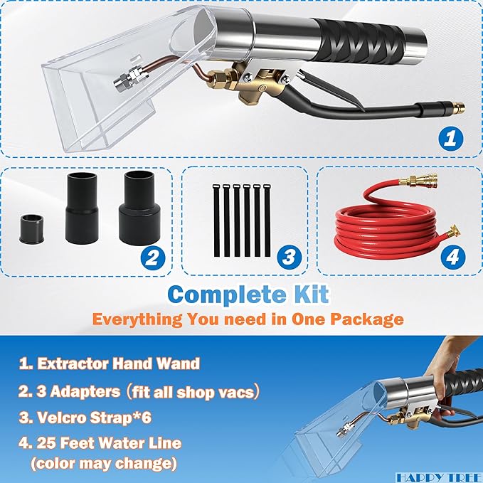 Happy Tree Universal Fit All Brands' Shop Vac Extractor Hose Kit Adapter Wet-dry Extraction Accessory for Upholstery & Carpet Cleaning Auto Detailing Wet Vaccum Accessories with 25 Feet Water Hose