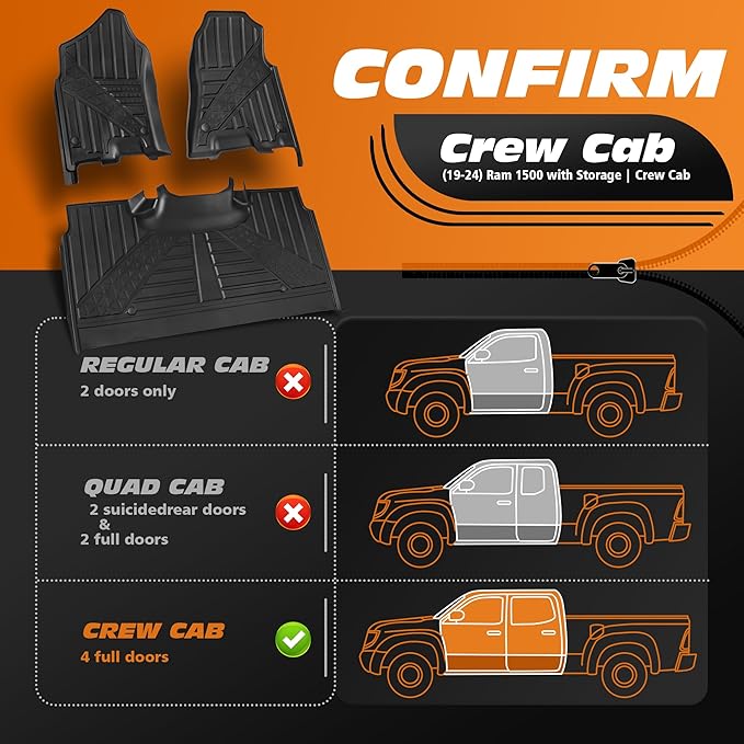 Floor Mats for 2019-2024 Dodge Ram 1500 Crew Cab with Storage | Custom Fit | Front & Rear | Front Bucket |All-Weather Car Liners for Trucks
