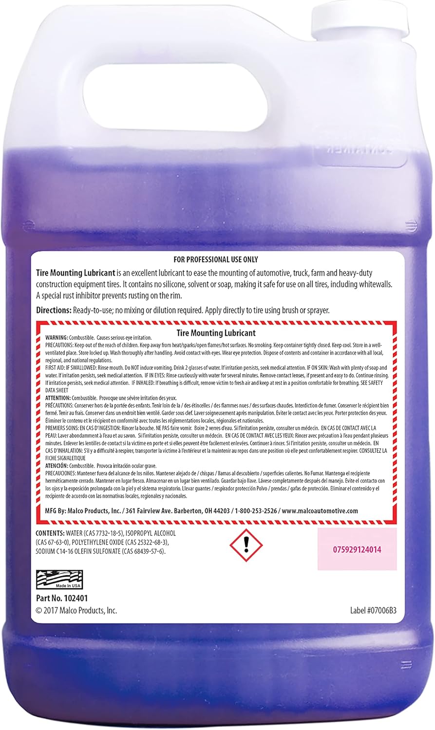 Malco Tire Mounting & Demounting Lubricant with Applicator - Automotive, Truck, Farm & Heavy-Duty Construction Tires/Improved Bead Seal/Rust Protection/Silicone & Soap Free / 1 Gal (102401)