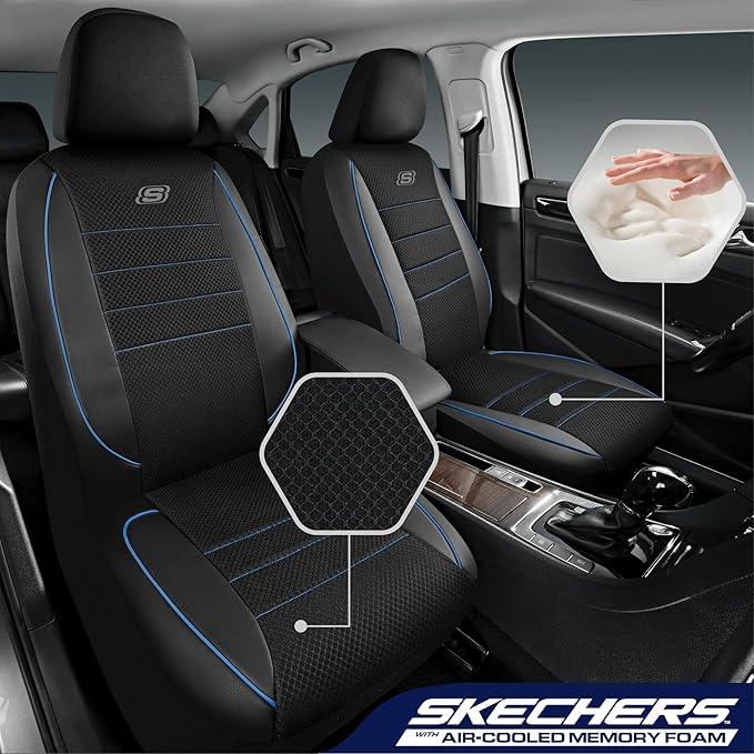 Skechers Air-Cooled Memory Foam Seat Covers,Mesh Thick Car Seat Covers,Piping Leather Car Seat Covers Front Seats,Airbag Compatible,Automotive Comfort Universal Fit Most Cars,Vans,Truck,SUV,Blue