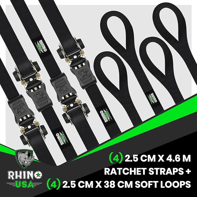 Rhino USA Ratchet Straps Tie Downs (4-Pack) - 1 Inch x 15 Feet (1,823lb Break Strength) - Ultimate Tie Down Straps with Safety S Hooks - for Trucks, Cargo, Moving, Appliances - Black