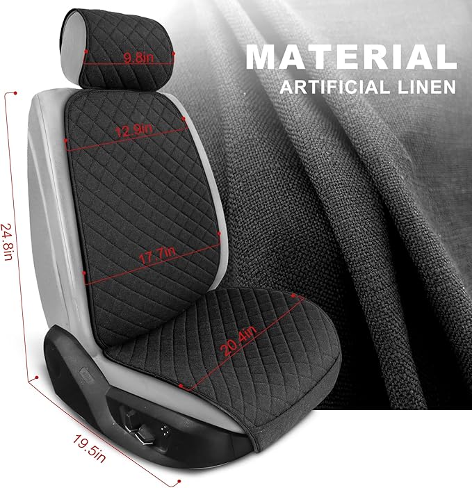 Linen Car Seat Covers Front Seat Covers Breathable Cloth Fabric Car Seat Protector - Universal Fit for Cars, Vans, SUVs, Trucks - 2 Units - Black
