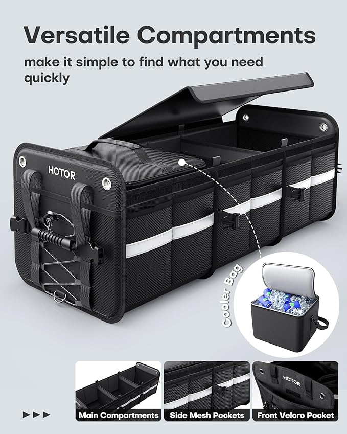HOTOR Trunk Organizer - 3-Compartment Car Organizer and Storage with Cooler Bag, Foldable Car Storage Organizer for SUV with Handles & Strap for Shopping, Picnic, 33.1" x 13.0" x 11.8", Black