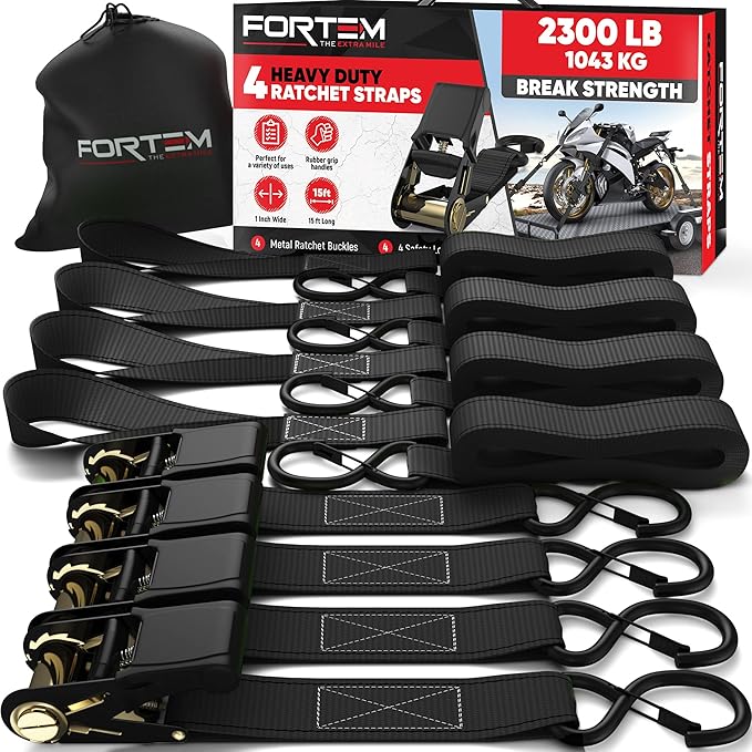 FORTEM Ratchet Straps, Tie Down Strap Set 2300lb Break Strength, 4 Pack 15ft x 1in, 4 Soft Loops, Moving Straps Tie Downs, Cargo Cam Buckles for Trucks, Carry Bag, for Men