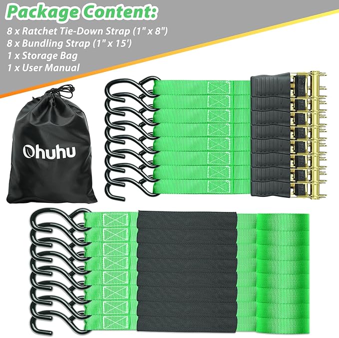 Ratchet Tie Down Strap 8-Pack 15 Ft - 500 lbs Load Cap with 1500 lbs Breaking Limit, Ohuhu Ratchet Tie Downs Logistic Cargo Straps for Moving Appliances, Motorcycle, Green
