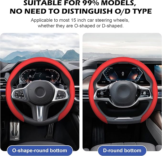 frani Nappa Leather Steering Wheel Cover, Universal 15 Inch Premium Non-Slip Steering Wheel Cover Red