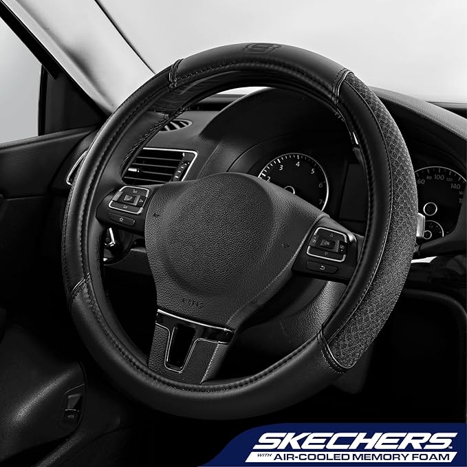 Skechers Air-Cooled Steering Wheel Cover,Leather Car Steering Wheel Cover Universal Fit 14" 1/2-15" Car Wheel Protector for Men Women Fit Suvs,Vans,Sedans,Car,Trucks,Black
