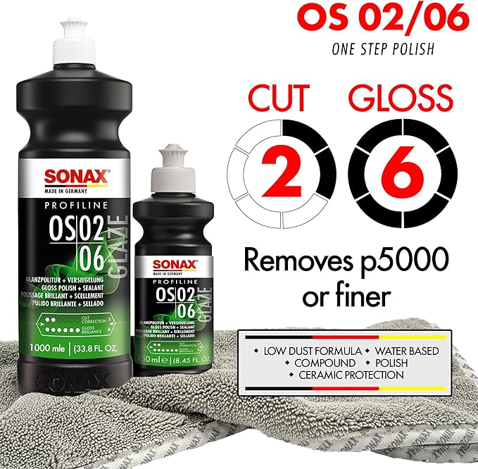 SONAX Glaze OS 02-06 247141 | All-in-One Car Polish for Scratch Removal, High-Gloss Finish & Ceramic Protection | SiO2-Based 6-Month Durability | Hologram-Free Results for All Paint | 250ml