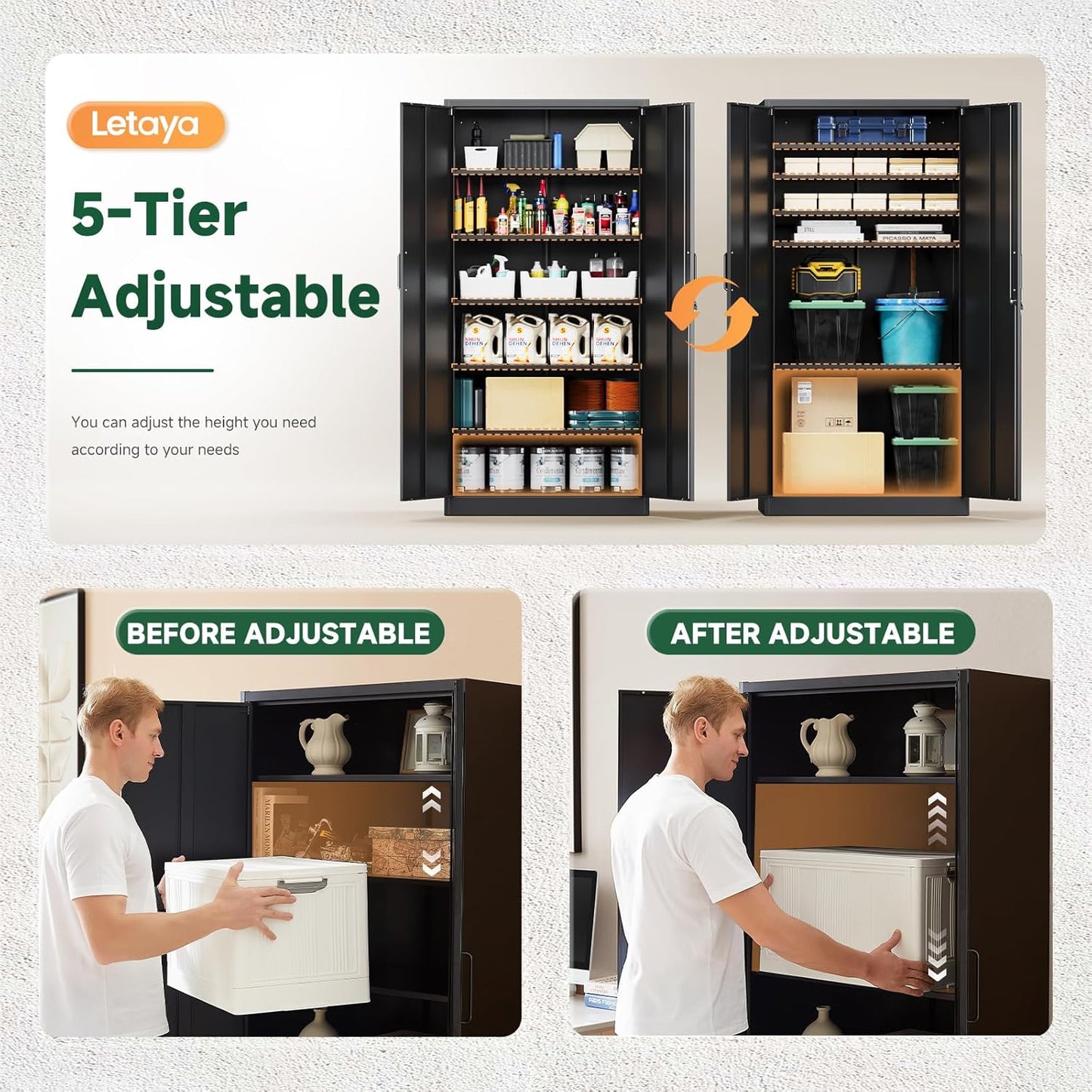 Letaya Metal Garage Storage Cabinets with Lock-72 Tall Tool Organizer Steel Lockers, 5 Adjustable Layers Shelves for Home,Office,Warehouse,Garage,(Black-72“)