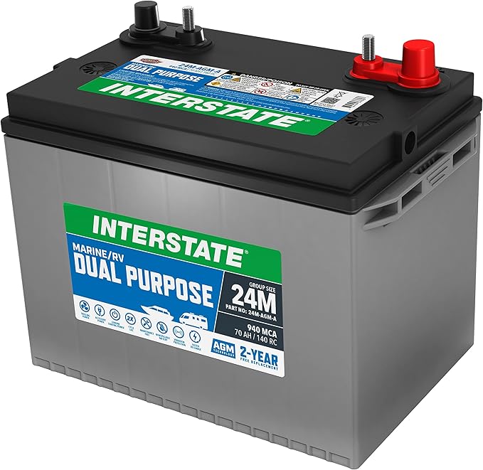 Interstate Batteries Marine/RV Battery 12V 70Ah 750CCA (24M-AGM) Dual Purpose Power Pure Lead AGM RV & Marine Starting Replacement Battery (Group Size 24) Boats, RV's