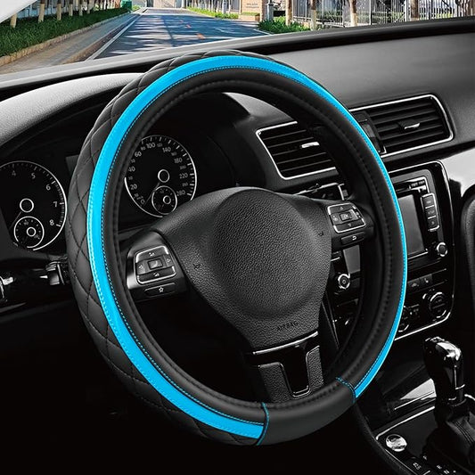 Road Comforts Leather Steering Wheel Cover – Black & Blue, Universal Fit 14.5-15 Inch, Microfiber Leather, Anti-Slip & Breathable Design for Men and Women