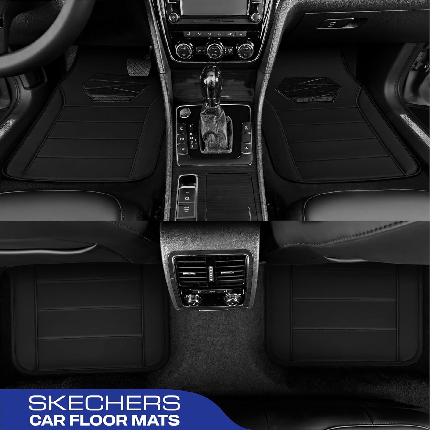 Skechers Memory Foam Car Mats, Leather Piping with Anti-Slip Pad, Universal Waterproof Fit Automotive Floor Mats for SUV, Vans, Sedans, Trucks, Full Set 4pcs Black