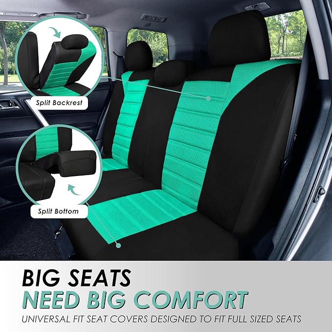 FH Group Automotive Car Seat Covers Full Set Premium 3D Air Mesh Front Seat Covers, Airbag Compatible & Split Bench Cover Universal Fit Interior Accessories for Cars Trucks and SUVs - Mint