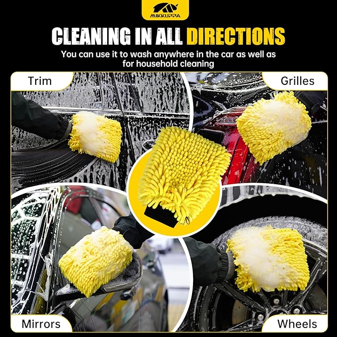 MIKKUPPA Car Wash Mitt Microfiber - Double-Sided Chenille Scratch Free Mitt with Waterproof Inner for Car Washing Home Cleaning (Yellow, 2Pack, 10'' x 7'')