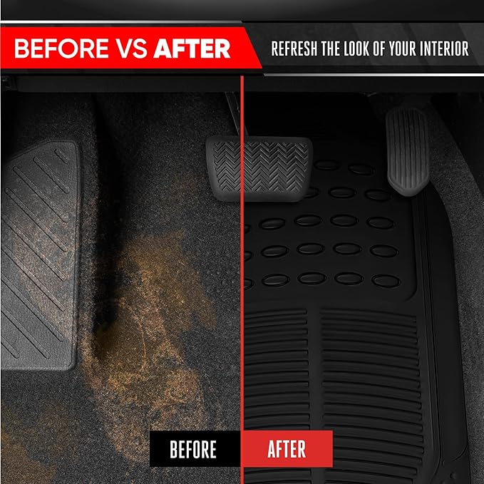 BDK Proliner All Weather Rubber Auto Floor Mats and Trunk Cargo Liner - Front & Rear Heavy Duty Set Fit for Car SUV Van and Truck, Black, 4 Pieces (Trim to Fit)