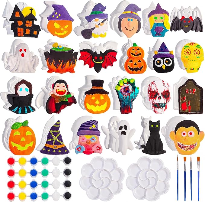 xFFFun DIY Halloween Painting Kit, 24 Set Ceramics to Paint with Unpainted Pumpkin Ghost Bat Ready to Paint Ceramics for Classroom Activity Halloween Gifts Party Decor