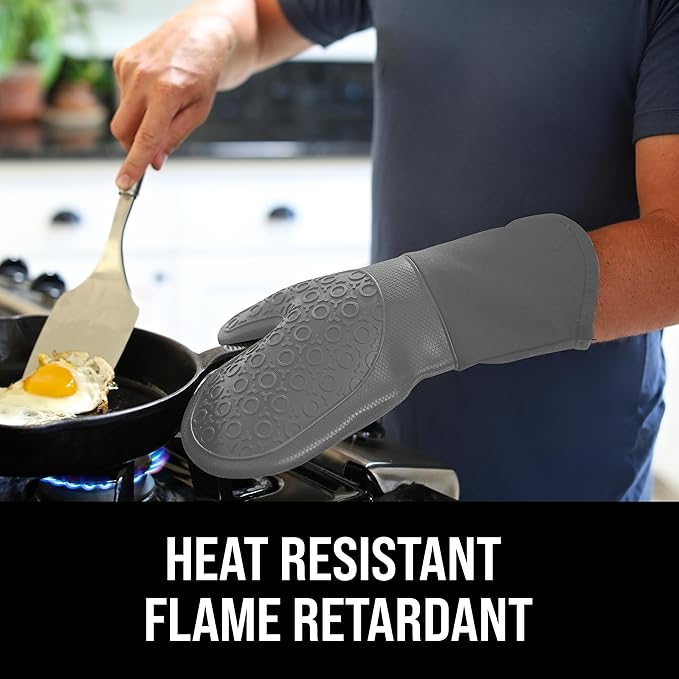 BPA-Free Soft Silicone Oven Mitts - Ultra Heat Resistant Oven Mitts with Thick Cotton Liner - Long Slip Resistant Pot Holders, Flexible Oven Gloves - Gray 13.7"