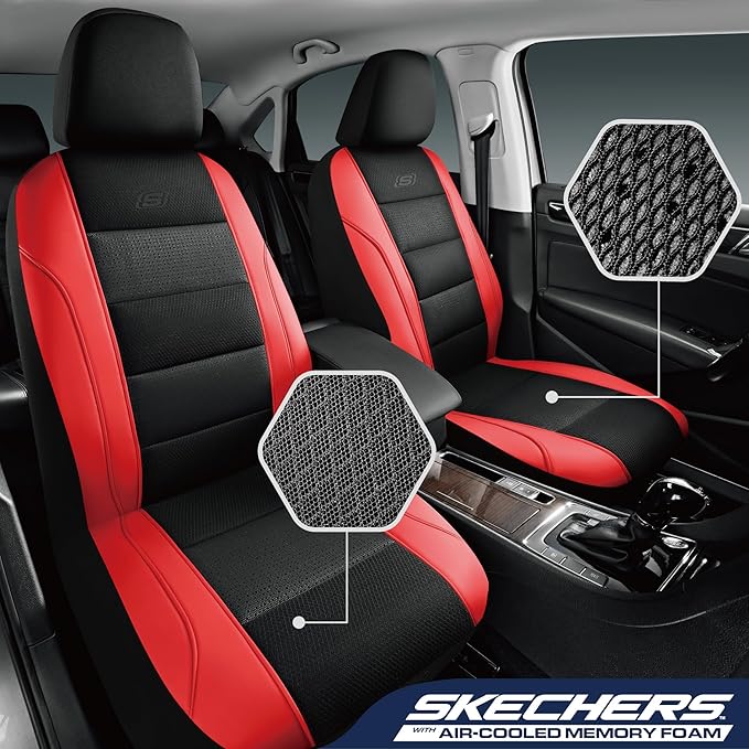 Skechers Aircooled & Memory Foam Car Seat Covers,Premium Leather with EVA Mesh Seat Covers, Front car seat Protector, Airbag Compatible, Automotive Comfort for Most Cars, Vans, Trucks, SUV,Red