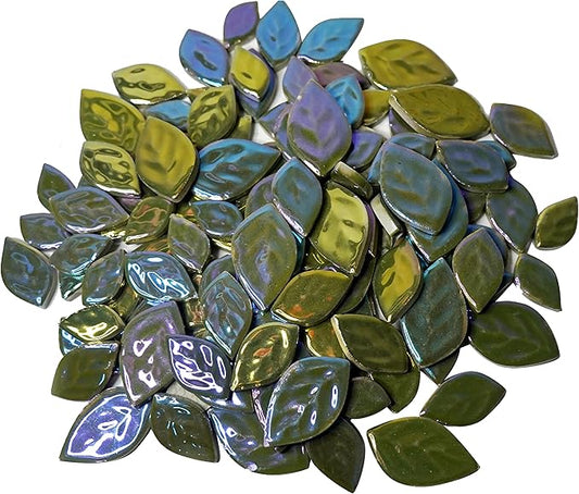 1.1LB Random Iridescent Leaves Ceramics Mosaic Tiles, Making Creative 3 Size Ceramic Mosaic Pieces for DIY Craft,Flowerpots, Vases, Cups, Garden Decor Mosaic Making Supplies (Deep Green)