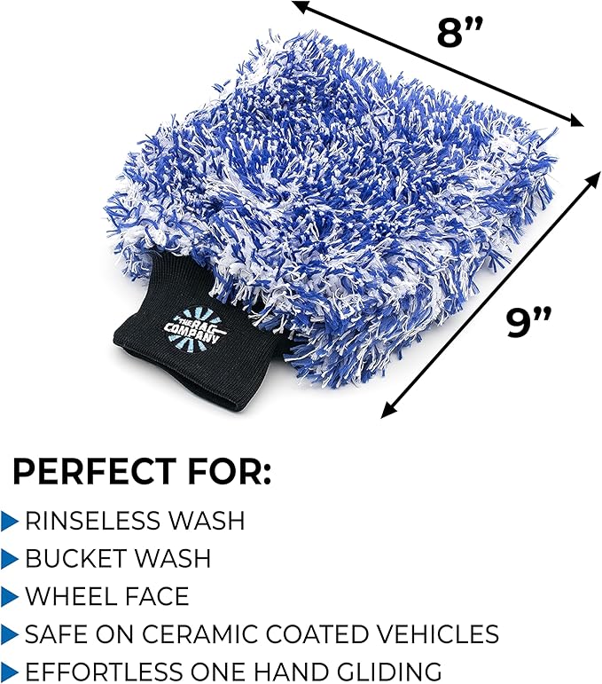 The Rag Company - The Cyclone Ultra Wash Mitts - 70/30 'Gauntlet' Blend Korean Microfiber, Foam Padding, Scratch-Free, Lint-Free, Great for Rinseless Washing, 8in x 9in, Blue + Black (2-Pack)