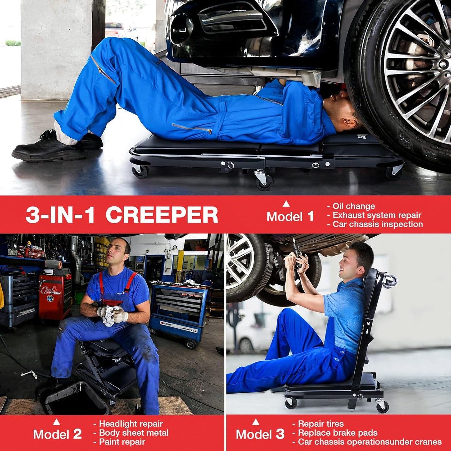 Mechanic Creeper 40inches 3-in-1 Z Seat 480lbs Capacity, Foldable Garage Chair Adjustable Rolling Black with 6pcs Wheels Roller, Lay Down Sit Lean Back, Under Car Shop Auto Repair, Man Gift