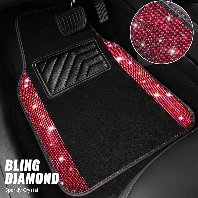 CAR PASS Bling Diamond Leather Steering Wheel Cover 14.5in-15in Floor Mats Shining Rhinestone Carpet Sparkly Glitter Crystal Anti-Slip Pad Fit Automotive SUV Pickup Truck Girl Women, 5pcs Black Red