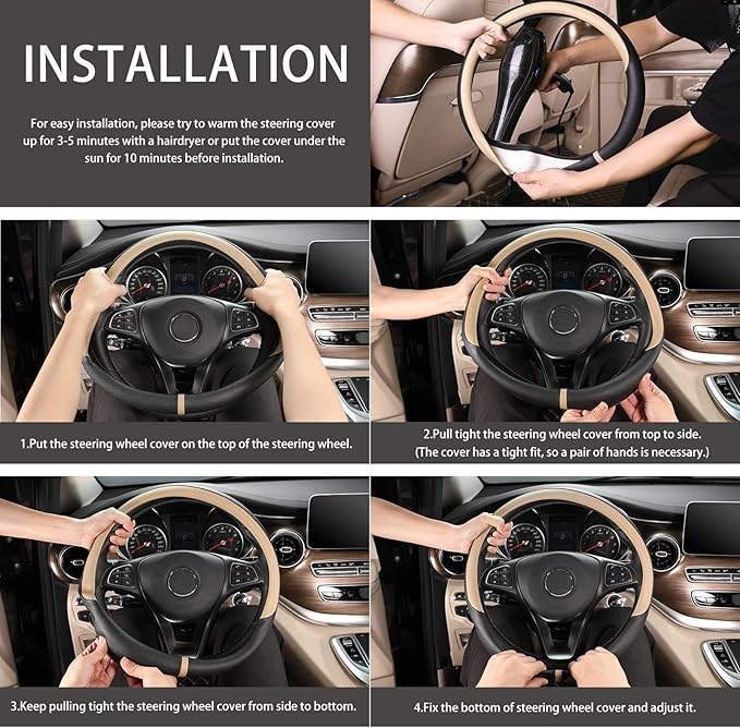 COFIT Breathable Car Steering Wheel Cover 16 inch Auto Universal Leather Wrap Non-Slip Steeringwheel Protector Automotive Interior Accessories, Beige (Suit for 15.5-16 inch)