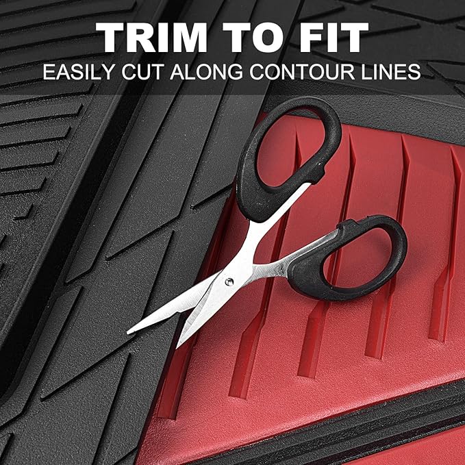 CAR PASS Heavy Duty Rubber Car Mats, Deep-Dish Car Floor Mats All Weather, Universal Two-Tone Trim-to-Fit for SUVs Trucks Sedans, Waterproof Anti-Slip, 3 Pieces V12 Black and Metallic Red