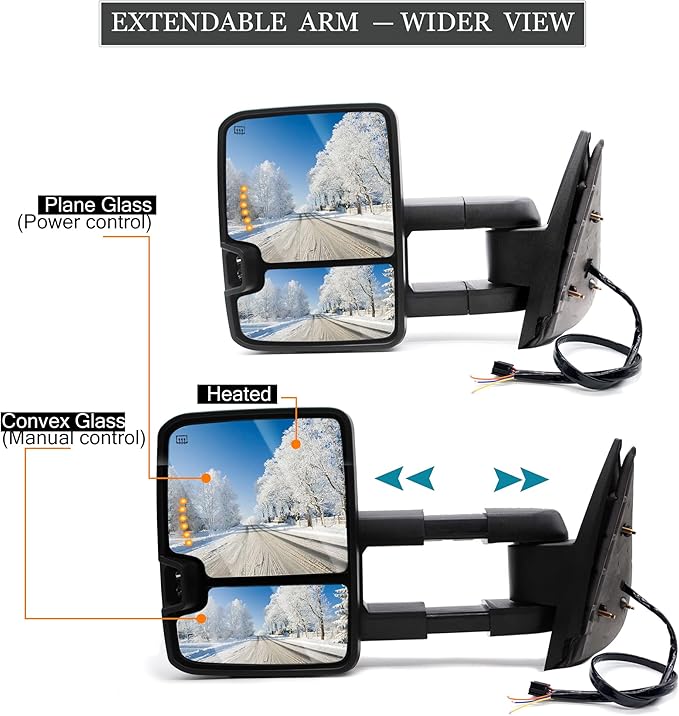 ReYee Towing Mirrors fit for 2007-2014 Chevy Silverado 1500 2500 3500 Tahoe Suburban GMC Yukon Sierra with Power Heated Turn Signal Light Arrow Signal On Glass Manual Telescoping Folding Black Cap
