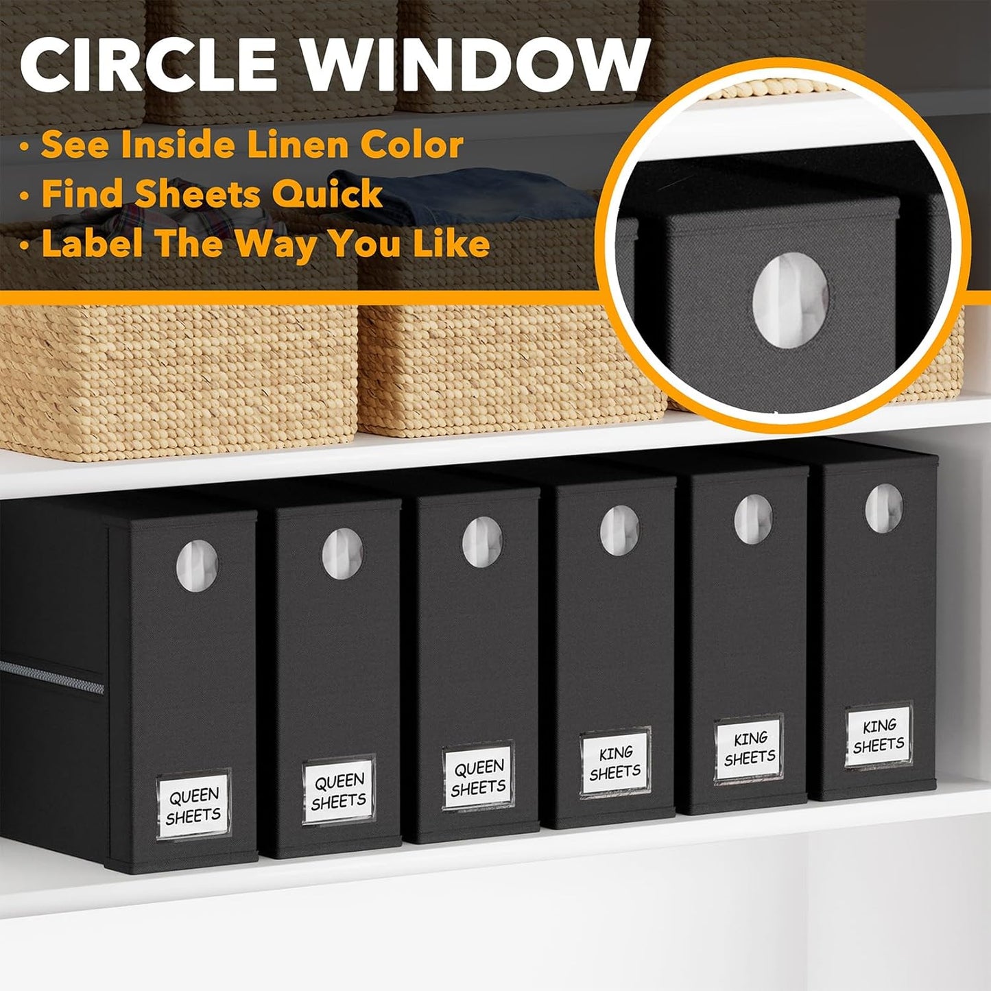 SpaceAid 6 Pack Bed Sheet Organizer and Storage, Foldable Sheet Organizer with Window for Linen Closet, Set Folder Keeper for Queen & King Size Bedding Storage (Black)