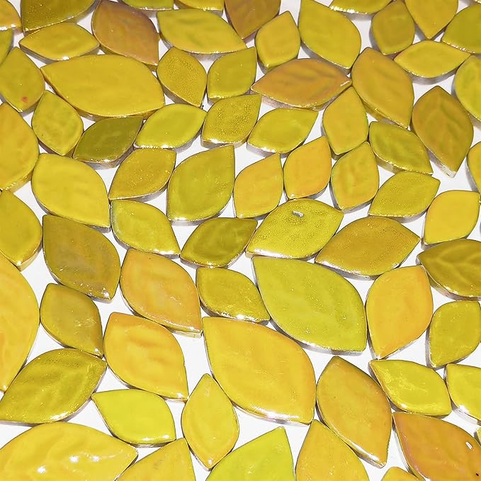 1.1LB Random Iridescent Leaves Ceramics Mosaic Tiles, Making Creative 3 Size Ceramic Mosaic Pieces for DIY Craft,Flowerpots, Vases, Cups, Garden Decor Mosaic Making Supplies (Yellow)