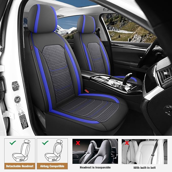 CAROMOP Premium PU Leather&Flannel Car Seat Covers 2 Front Set with Breathable Cloth,Universal Fit for Most Car Interior Covers-Sedan Truck SUV(Black/Blue)