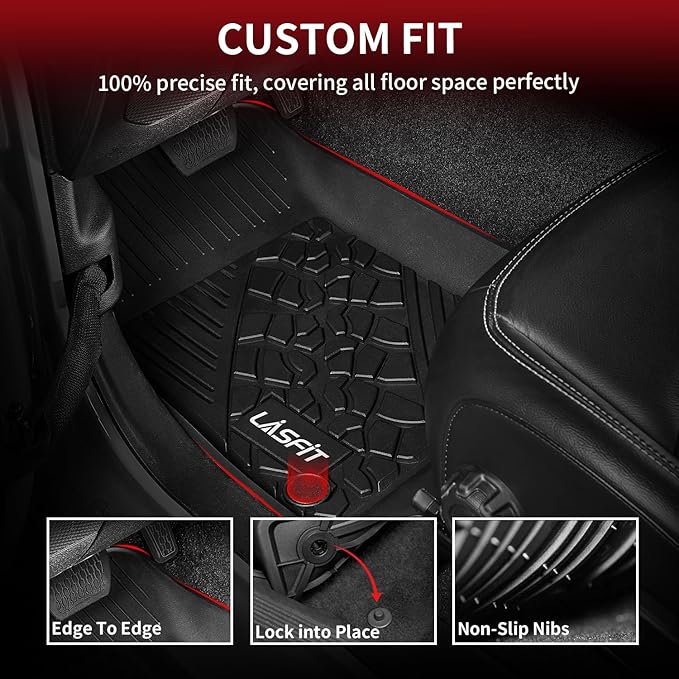 LASFIT Floor Mats for Jeep Wrangler JL 2018-2025 Unlimited 4 Door Gas/MHEV Type (Not Fit for JK or PHEV) All Weather TPE Custom Fit Car Mats Floor Liners 1st & 2nd Row, Black