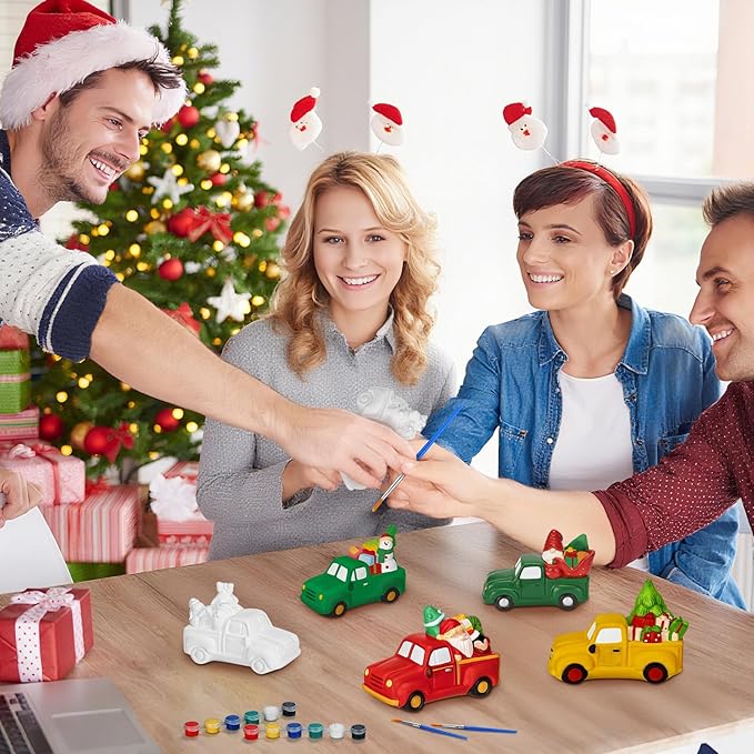 JellyArch 6 Set Christmas DIY Painting Kit Ceramic 3D Ceramic Truck to Paint Your Own Truck with Snowman Reindeer Claus Statues Unpainted Plaster Craft with Brush Paint Bag for Adult