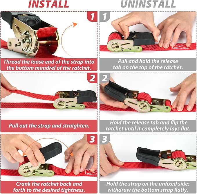 Ratchet Tie Down Strap 8-Pack 15 Ft - 500 lbs Load Cap with 1500 lbs Breaking Limit, Ohuhu Ratchet Tie Downs Logistic Cargo Straps for Moving Appliances, Motorcycle (Red)