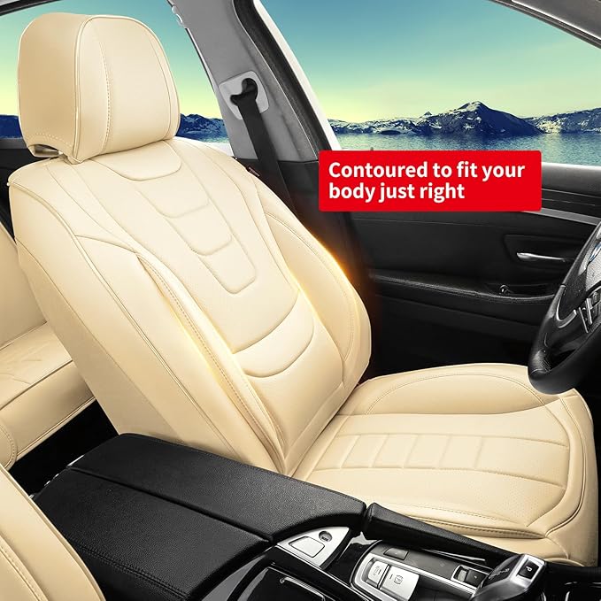 Car Seat Covers for Full Set – Waterproof & Breathable Faux Nappa Leather, 360° Wrap Design, Airbag Compatible, Lumbar Support, Perfect for Drivers Who Sweat-Breathable Design. – Beige