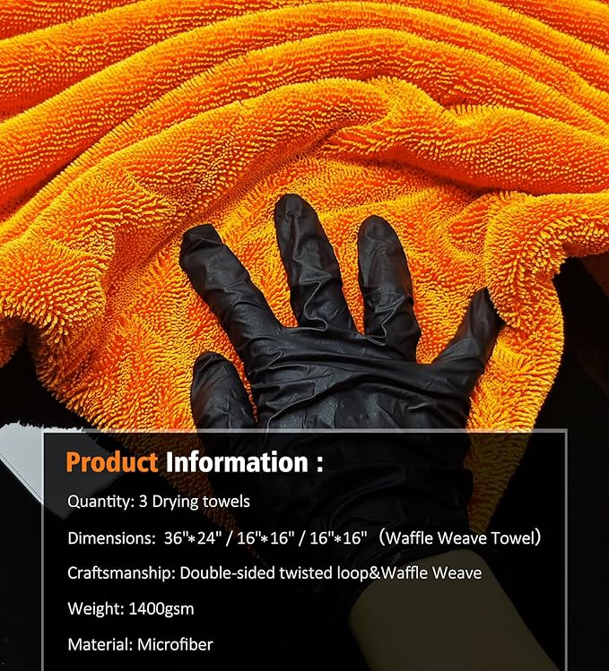 YeewayVeh 3 Pack Car Drying Towel, 24" x 36" Double Twisted Loop Car Drying Towels Extra Large, 16" x 16" Edgeless Microfiber Drying Towel and Absorbent Waffle Weave Towels for Cars Truck SUV, Orange