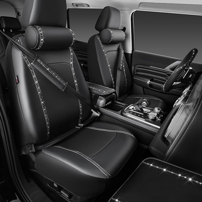 CAR PASS 14 PCS Bling Diamond Car Accessories Set for Women, Leather Seat Covers Front Seats Sparkly Rhinestone 15'' Steering Wheel Covers Shining Diamond Car Floor Mats Cute Interior Sets, Silver