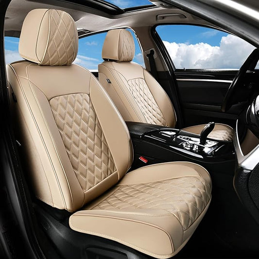 Huidasource Beige Front Seat Covers, Leather Car Seat Covers Front Seats, Driver Seat Cover Waterproof, Airbag Compatible, Universal Fit for Most Cars, Vans, Trucks, SUVs (Front Pair/Beige)