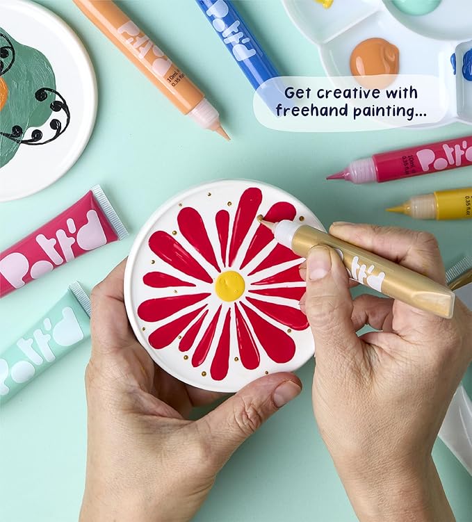 Pott’d Paintables Paint-a-Coaster Kit, DIY Pottery Painting Kit for Adults with Coasters, Holder, Dotting Paints, Brushes and Guide, Craft Kit for Beginners, Ideal for Home Decor or Handmade Gifts
