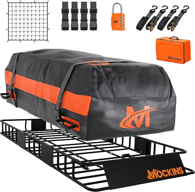 Mockins 64"x39"x6" Steel Roof Rack Cargo Carrier for Top of Vehicle & 20 CuFt Waterproof Rooftop Cargo Bag | 250 Lbs. Capacity Extendable Car Rooftop Cargo Carrier with Car Top Carrier Accessories