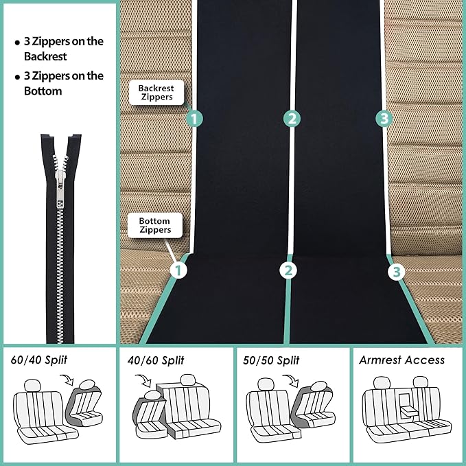 FH Group Automotive Car Seat Covers Rear Set Premium 3D Air Mesh Seat Covers, Airbag Compatible and Split Bench Cover Universal Fit Interior Accessories for Cars Trucks and SUVs - Beige