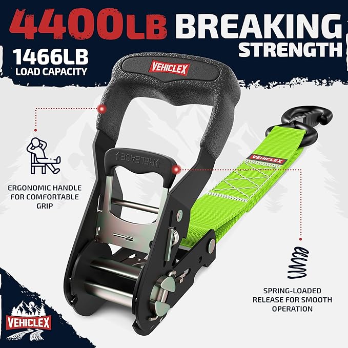 Vehiclex 1.5" x 15 ft 4,400 lb Heavy Duty Ratchet Tie Down Straps with Soft Loops – 4PK for Cargo & Equipment – Green