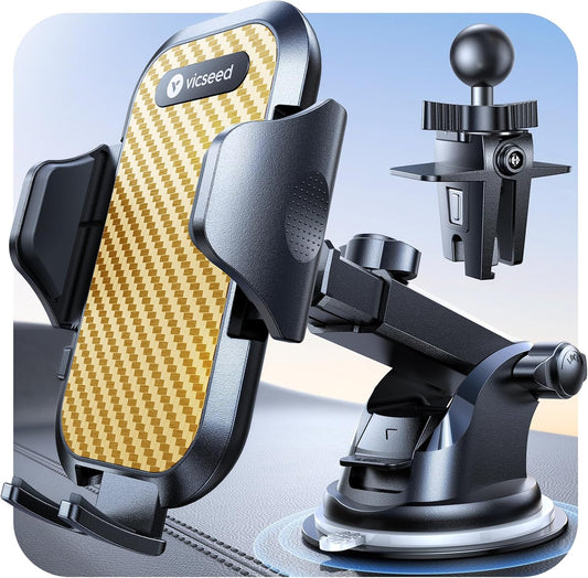VICSEED Gold Phone Holders for Your Car, [True Military-Grade Strongest Suction Power], 3-in-1 Dashboard Windshield Vent, Truck Boat Stand Cell Phone Mount for iPhone Android All Phones