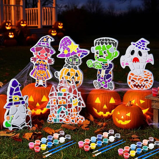 Gersoniel 6 Pack Halloween Painting Kit Stepping Stones Painting Crafts DIY Ceramic Mosaic Set with Paints and Brushes Pottery Garden Stones Spooky Figurines for Arts and Party Decor
