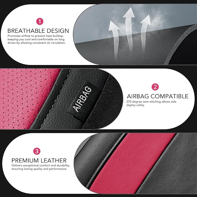 Road Comforts Car Seat Cover, Leather Seat Covers, Automotive Low Back Car Seat Covers, Airbag Compatible, Universal Fit for Most Cars (Hot Pink)